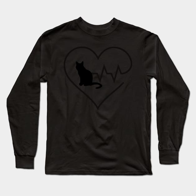 Black cat silhouette ECG heartbeat Long Sleeve T-Shirt by Noah Alexander Jones